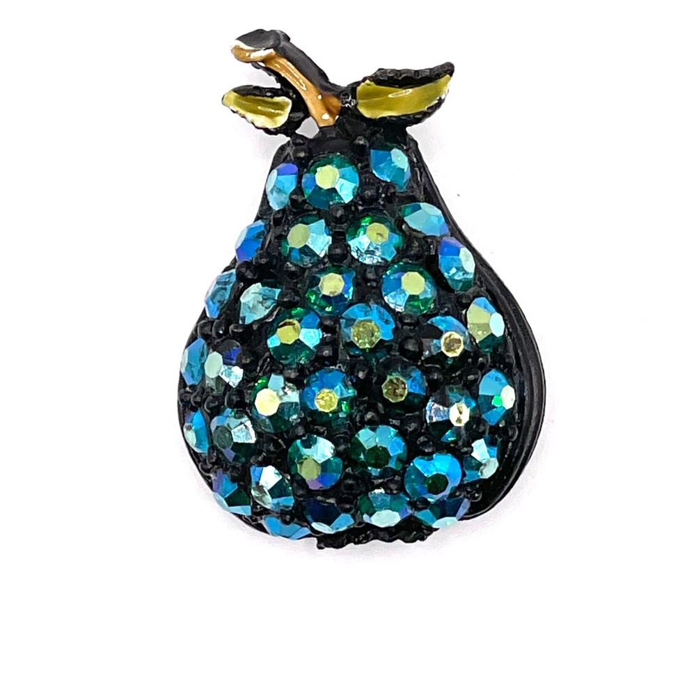 Vintage Japanned Blue AB Rhinestone Pear Pin Brooch